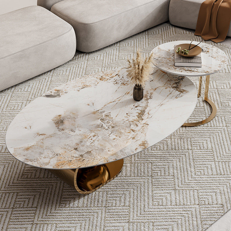 Slate Oval Coffee Table Golden Metal Frame Abstract Cocktail Table, 14.17" High