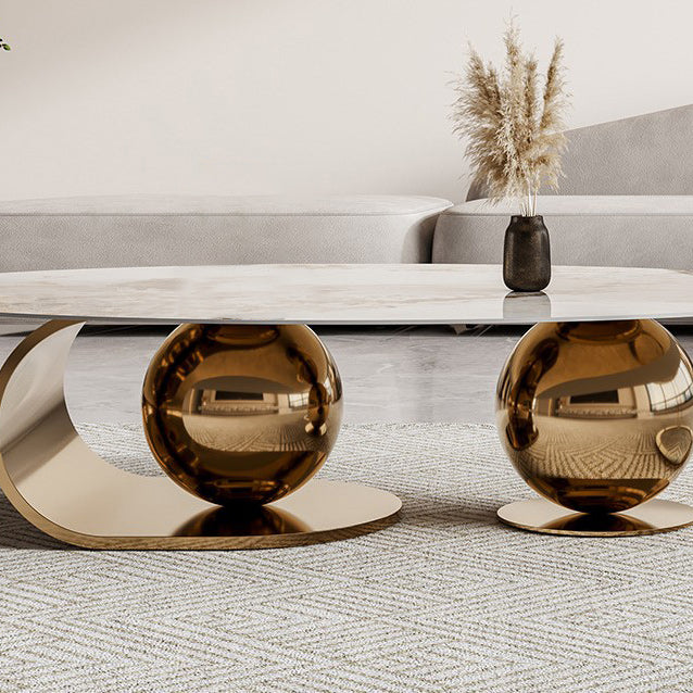 Slate Oval Coffee Table Golden Metal Frame Abstract Cocktail Table, 14.17" High