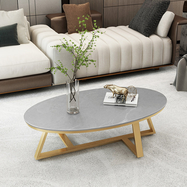 17.7" Tall Iron Cross Legs Cocktail Table Oval Slate Top Coffee Table