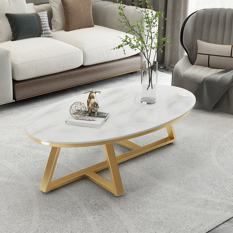 17.7" Tall Iron Cross Legs Cocktail Table Oval Slate Top Coffee Table