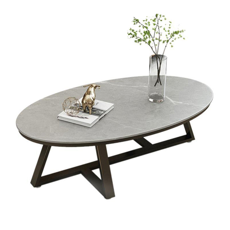 17.7" Tall Iron Cross Legs Cocktail Table Oval Slate Top Coffee Table