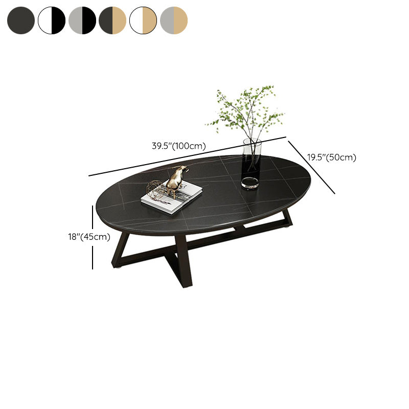 17.7" Tall Iron Cross Legs Cocktail Table Oval Slate Top Coffee Table