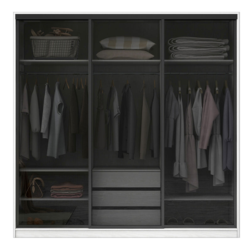White Wardrobe with Grey Glass Doors Modern Storage Cabinet for Bedroom