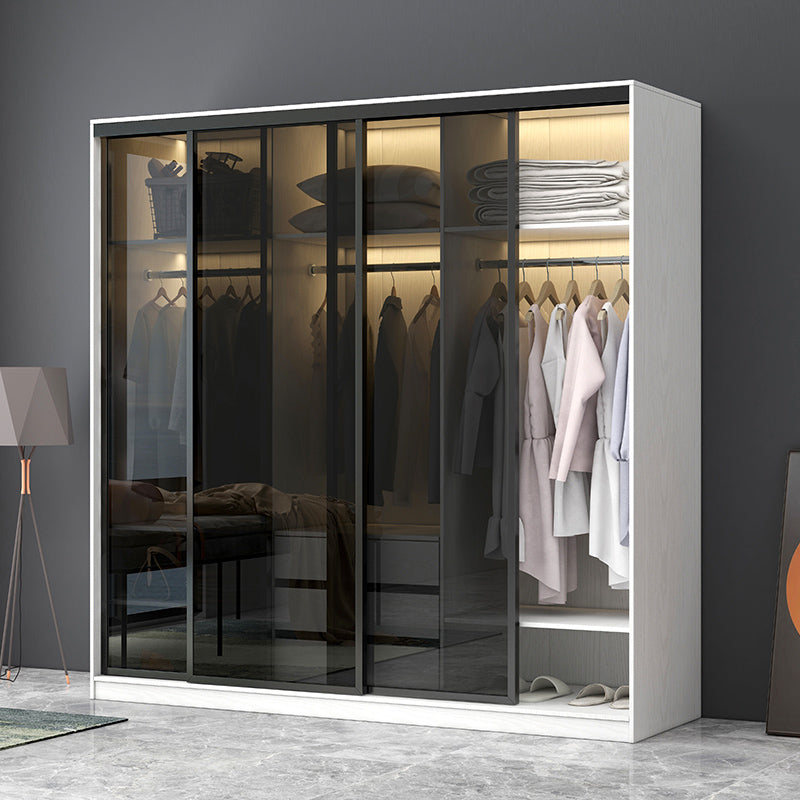 White Wardrobe with Grey Glass Doors Modern Storage Cabinet for Bedroom