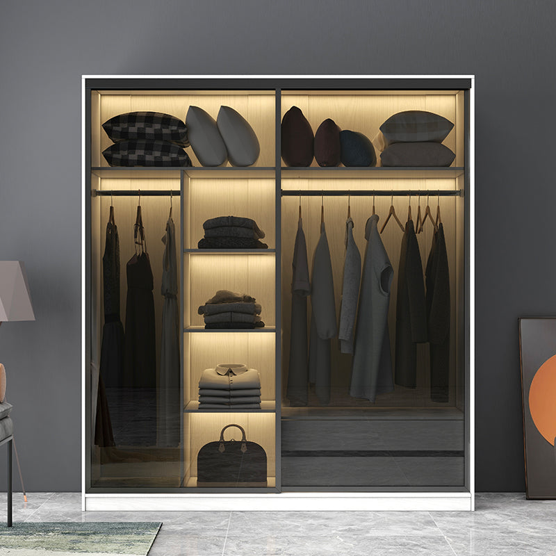 White Wardrobe with Grey Glass Doors Modern Storage Cabinet for Bedroom