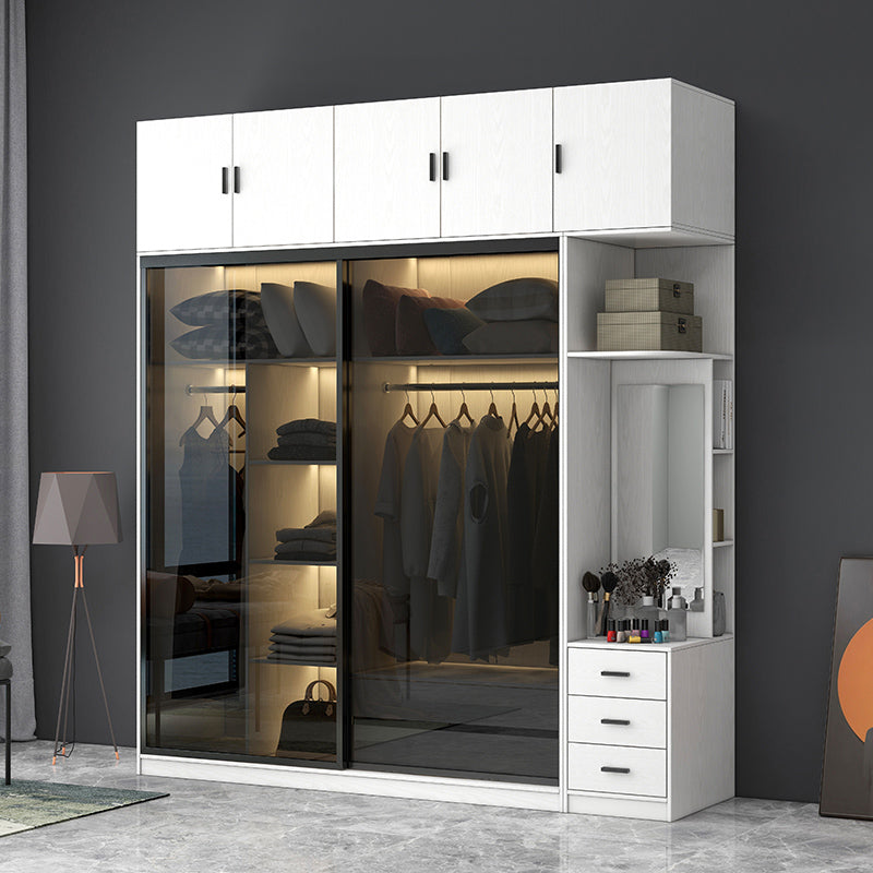 White Wardrobe with Grey Glass Doors Modern Storage Cabinet for Bedroom