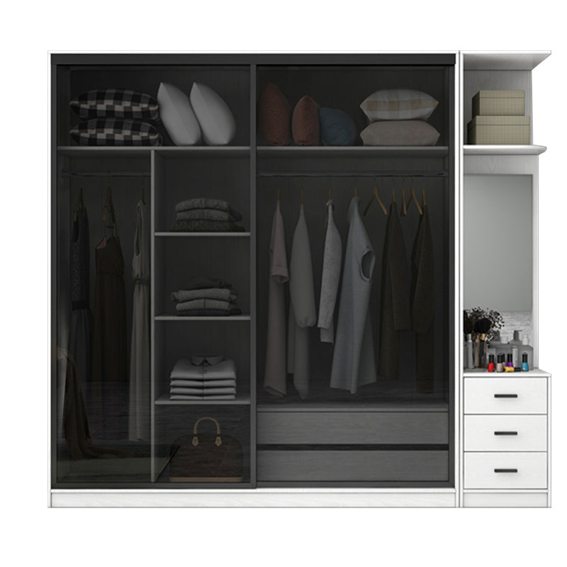 White Wardrobe with Grey Glass Doors Modern Storage Cabinet for Bedroom
