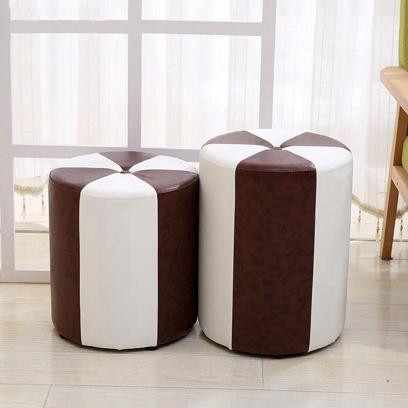 Modern Ottoman Faux Leather Upholstered Stripe Printed Cylinder Shape Ottoman