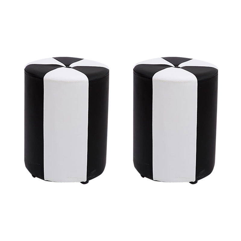 Modern Ottoman Faux Leather Upholstered Stripe Printed Cylinder Shape Ottoman