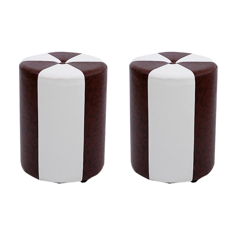 Modern Ottoman Faux Leather Upholstered Stripe Printed Cylinder Shape Ottoman