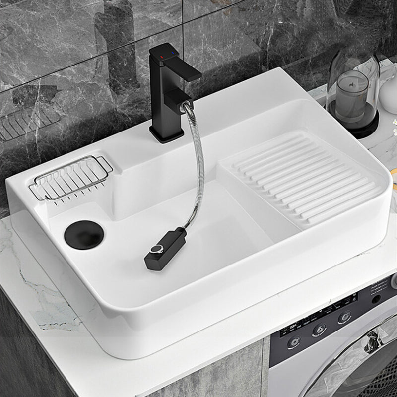 Contemporary Bathroom Sink Porcelain Solid Color Rectangular Vessel Sink with Pop-Up Drain