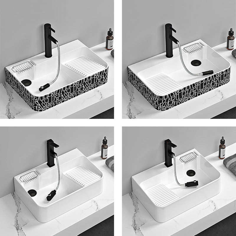 Contemporary Bathroom Sink Porcelain Solid Color Rectangular Vessel Sink with Pop-Up Drain