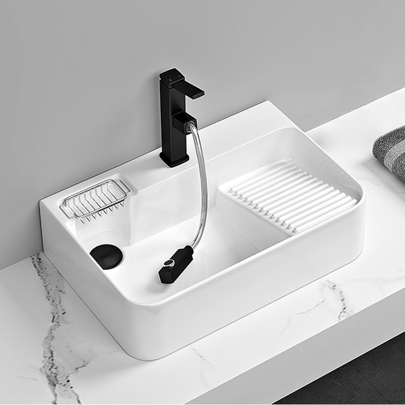 Contemporary Bathroom Sink Porcelain Solid Color Rectangular Vessel Sink with Pop-Up Drain