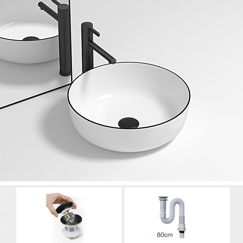 Modern Bathroom Sink Pop-Up Drain Porcelain Round Vessel Lavatory Sink