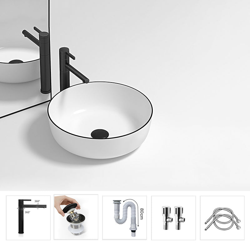Modern Bathroom Sink Pop-Up Drain Porcelain Round Vessel Lavatory Sink