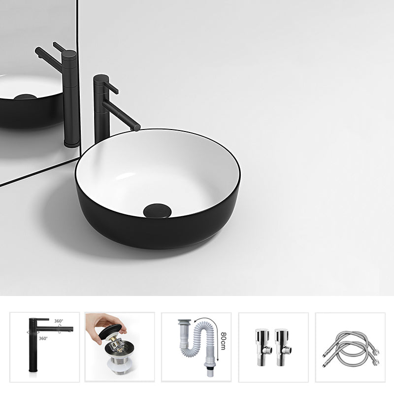 Modern Bathroom Sink Pop-Up Drain Porcelain Round Vessel Lavatory Sink