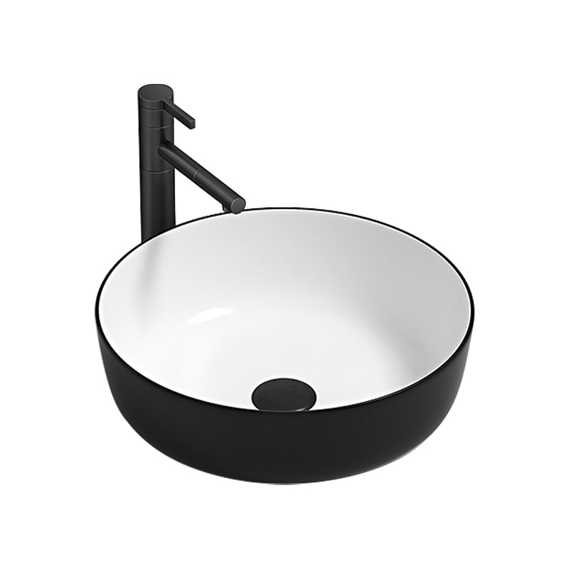 Modern Bathroom Sink Pop-Up Drain Porcelain Round Vessel Lavatory Sink