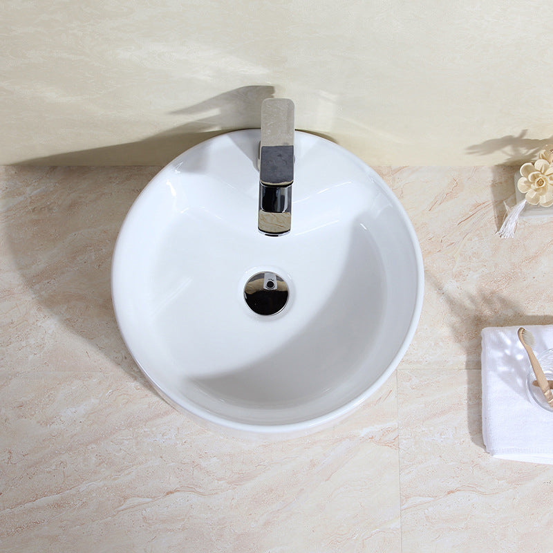 Modern Bathroom Sink Porcelain Round with Overflow and Pop-Up Drain Vessel Lavatory Sink