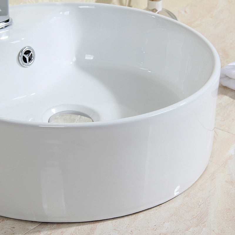 Modern Bathroom Sink Porcelain Round with Overflow and Pop-Up Drain Vessel Lavatory Sink