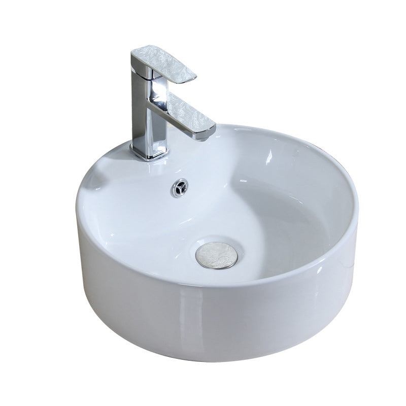 Modern Bathroom Sink Porcelain Round with Overflow and Pop-Up Drain Vessel Lavatory Sink