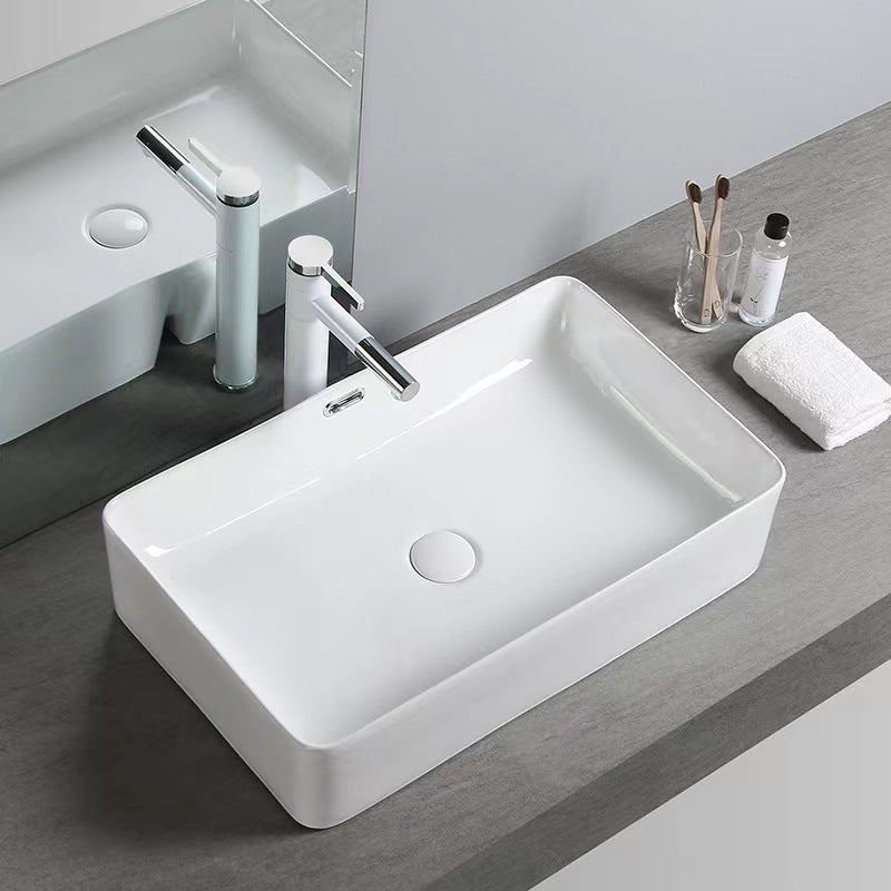 Modern Bathroom Sink Porcelain Rectangular with Pop-Up Drain and Overflow Vessel Sink
