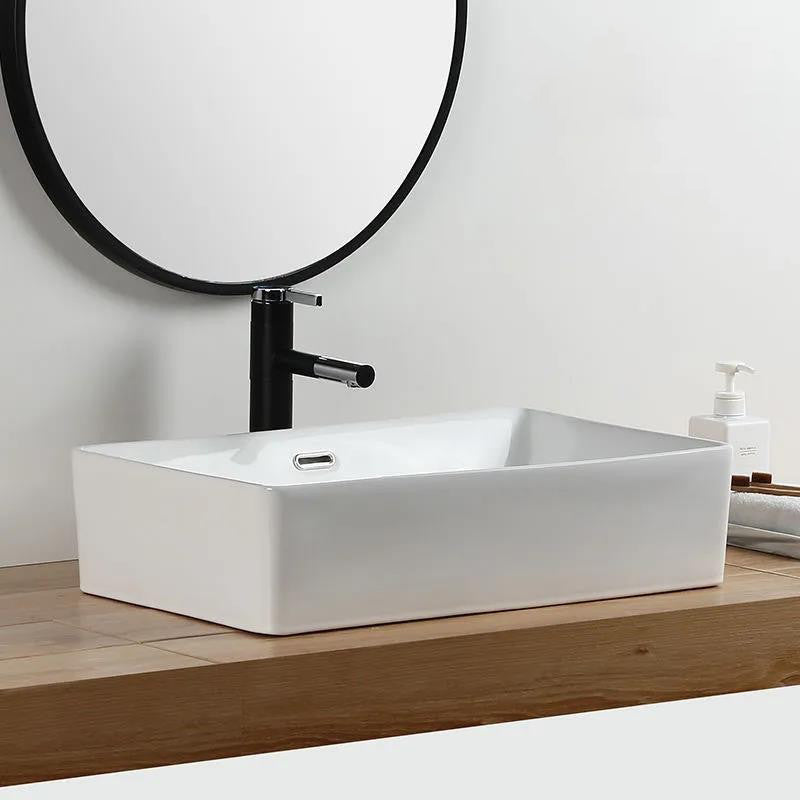 Modern Bathroom Sink Porcelain Rectangular with Pop-Up Drain and Overflow Vessel Sink