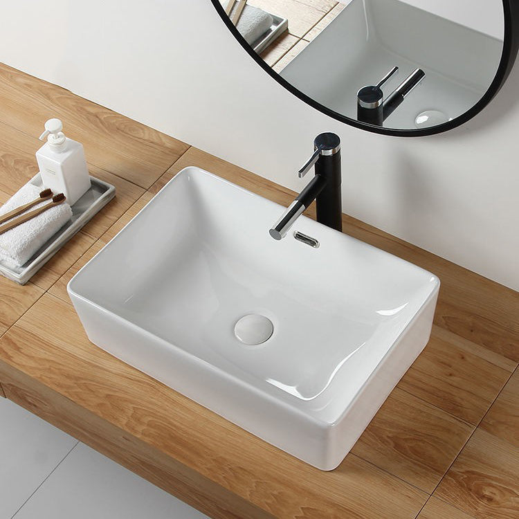 Modern Bathroom Sink Porcelain Rectangular with Pop-Up Drain and Overflow Vessel Sink