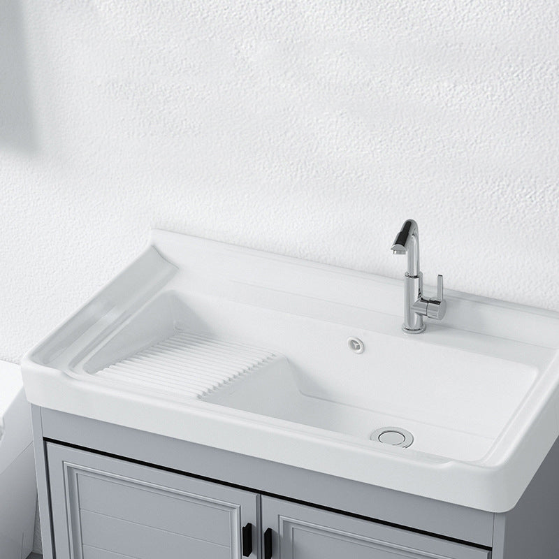 Modern Console Sink Porcelain Rectangular with Right Basin and Faucet Trough Sink