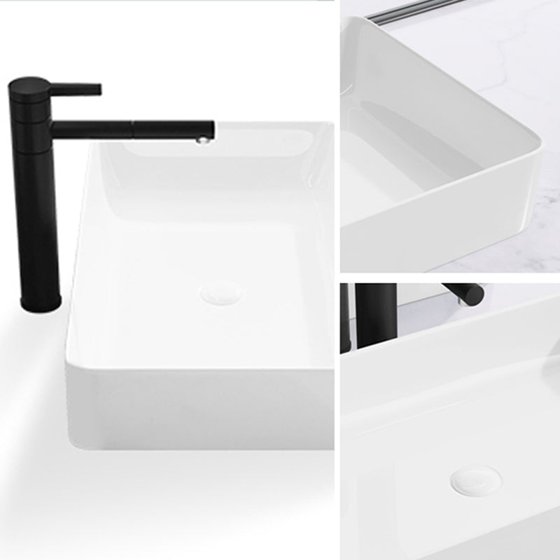 Modern Bathroom Sink Porcelain Rectangular with Drain Assembly and Faucet Vessel Sink