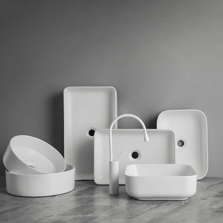 Contemporary Bathroom Sink Porcelain Pop-Up Drain Rectangular Vessel Lavatory Sink