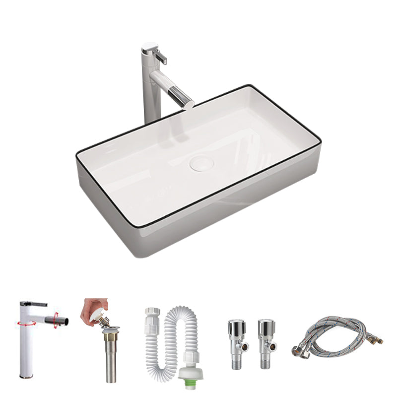 Modern Bathroom Sink Porcelain Rectangular Vessel Sink with Pop-Up Drain