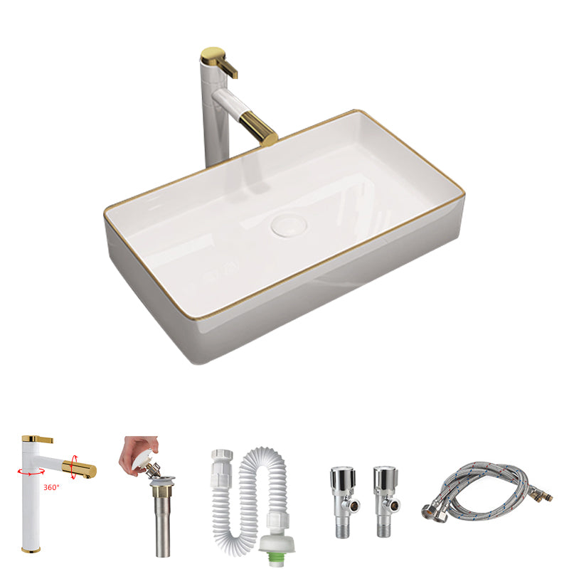 Modern Bathroom Sink Porcelain Rectangular Vessel Sink with Pop-Up Drain