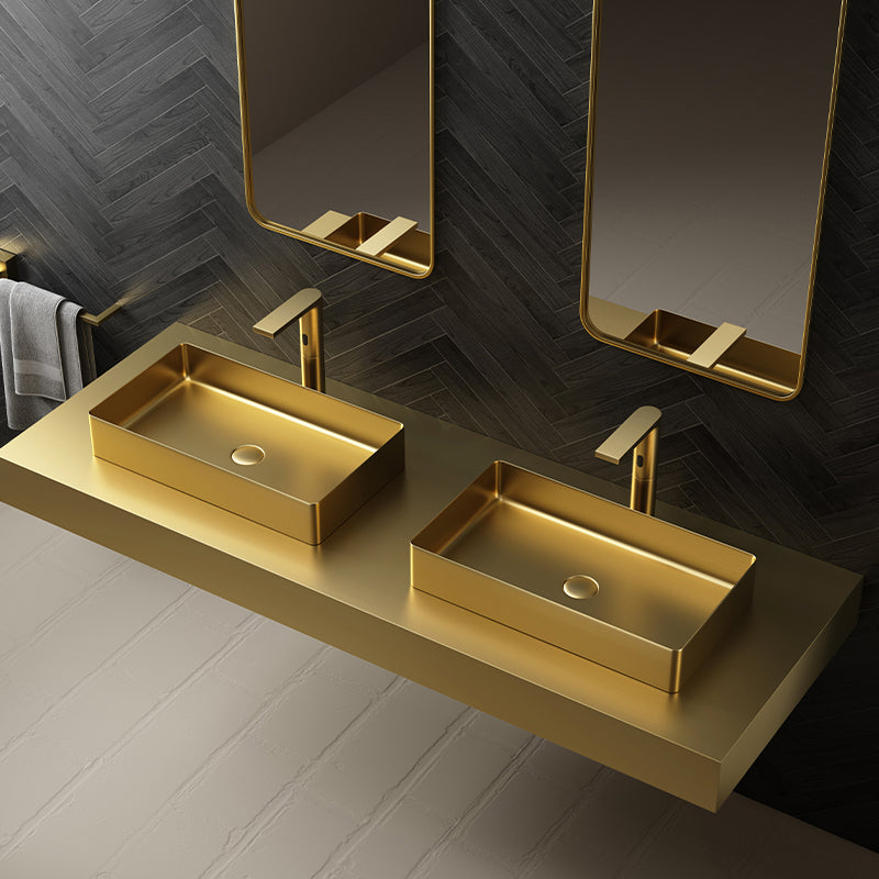 Contemporary Bathroom Sink Pop-Up Drain Metal Solid Color Rectangular Vessel Sink