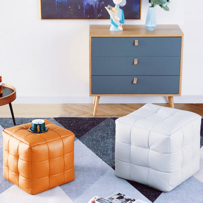 Contemporary Pouf Ottoman Genuine Leather Upholstered Tufted Square Ottoman
