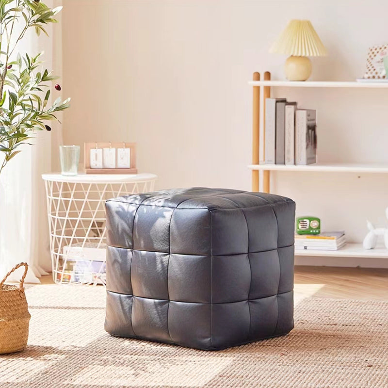 Contemporary Pouf Ottoman Genuine Leather Upholstered Tufted Square Ottoman
