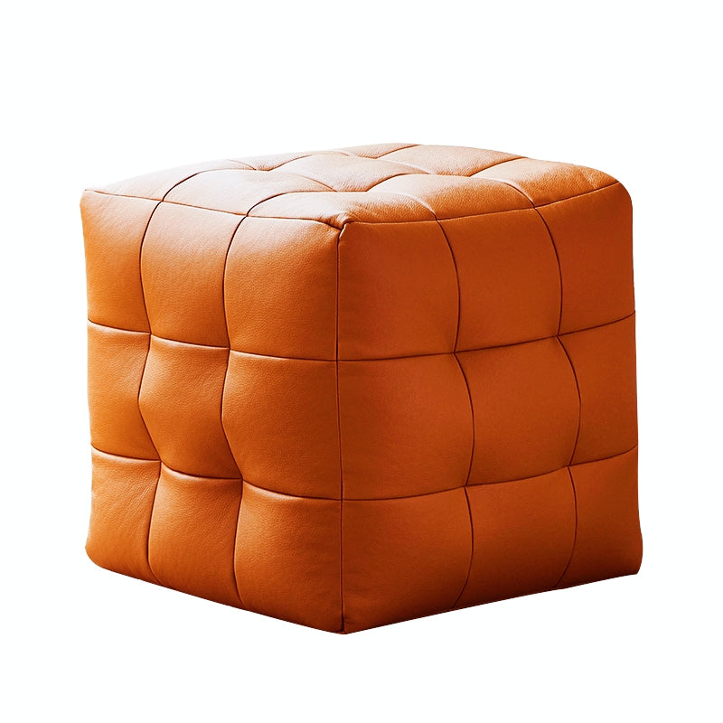 Contemporary Pouf Ottoman Genuine Leather Upholstered Tufted Square Ottoman