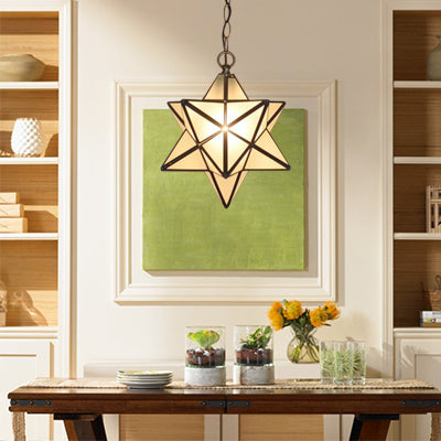 Textured White/Clear Star Hanging Pendant Light Tiffany Style 8"/12" W 1 Head Stainless Glass Ceiling Lamp for Dining Room