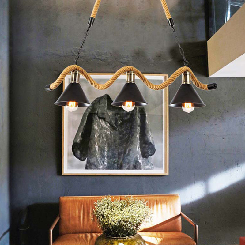3 / 5 - Light Pendant Ceiling Fixture Iron Cone Shade Kitchen Island Light with Hemp Rope