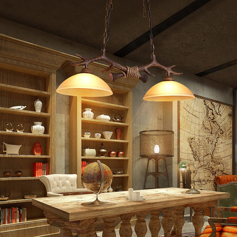 2 - Light Kitchen Island Light Wood & Dome Glass Shade Ceiling Pendant with Antlers Accent