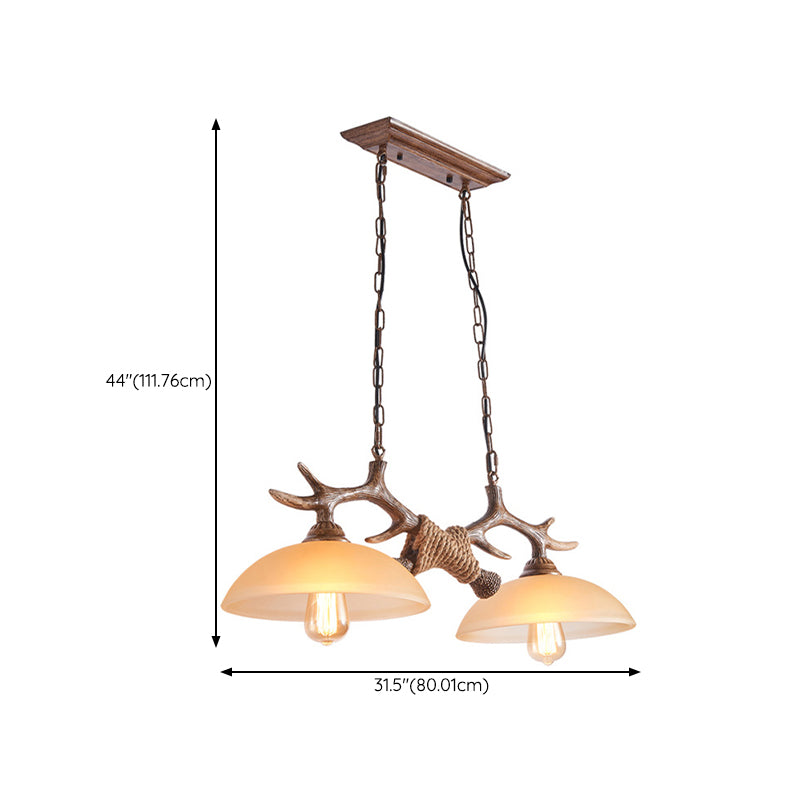 2 - Light Kitchen Island Light Wood & Dome Glass Shade Ceiling Pendant with Antlers Accent