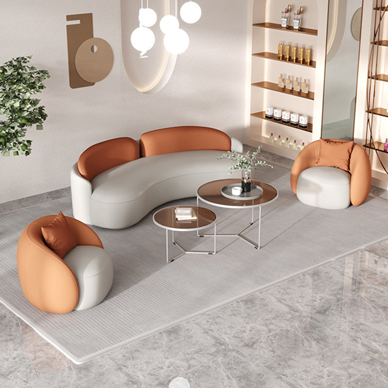 Contemporary Faux Leather Sofa Curved Cushions Back Sofa in White and Orange