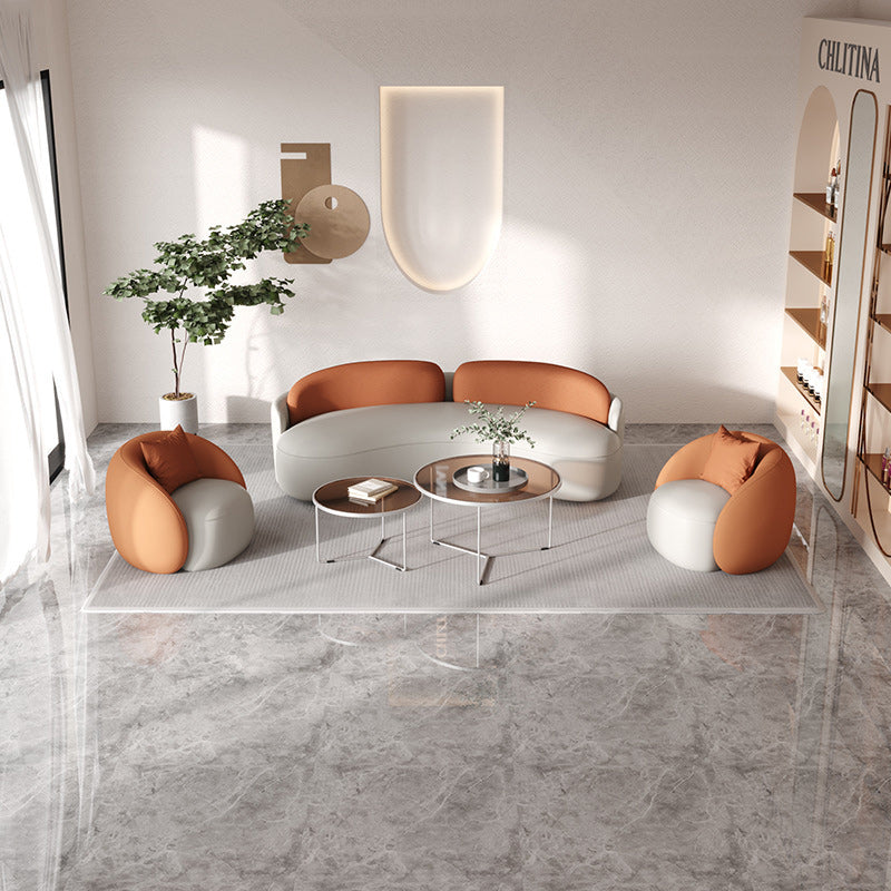 Contemporary Faux Leather Sofa Curved Cushions Back Sofa in White and Orange
