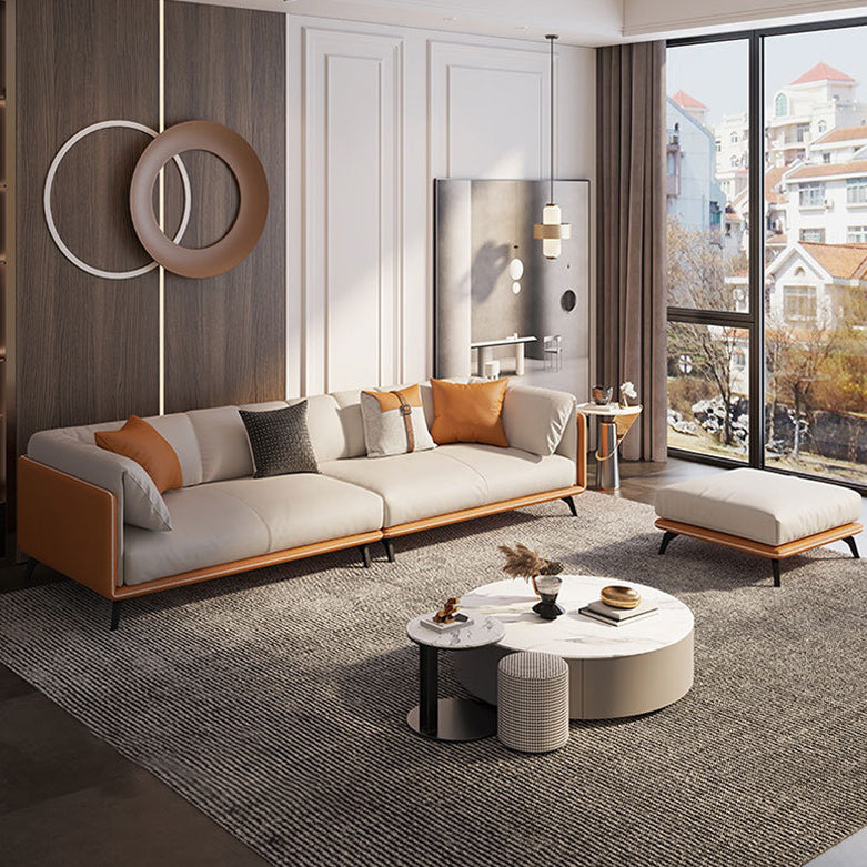 Contemporary Faux Leather Sofa with Tuxedo Arm in Orange and White