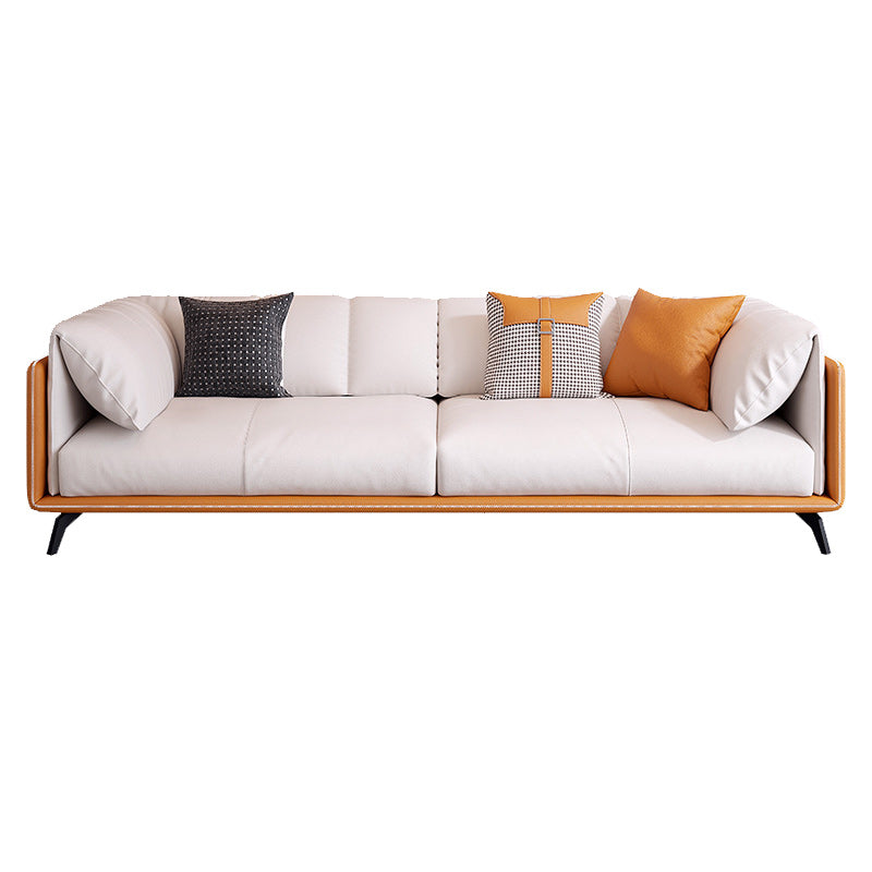 Contemporary Faux Leather Sofa with Tuxedo Arm in Orange and White