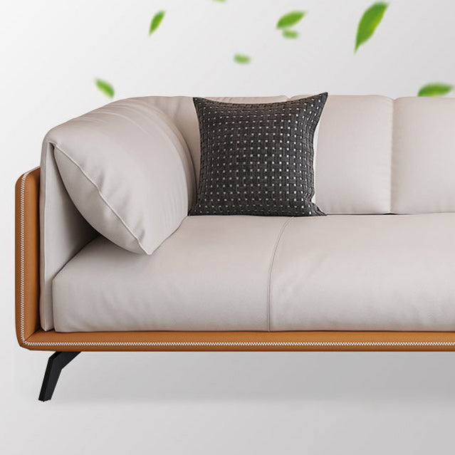 Contemporary Faux Leather Sofa with Tuxedo Arm in Orange and White