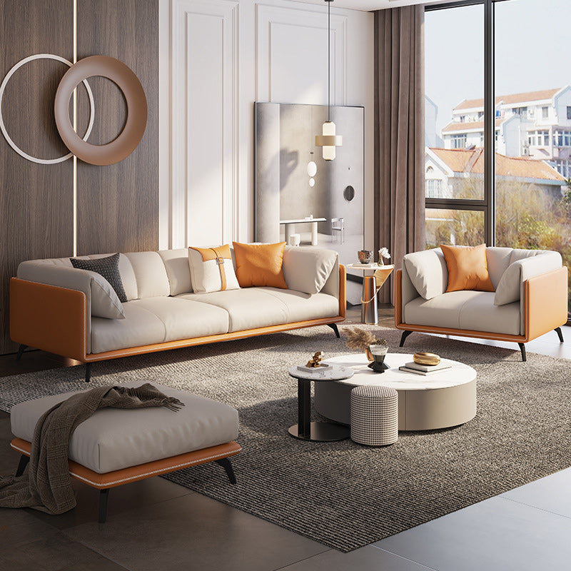 Contemporary Faux Leather Sofa with Tuxedo Arm in Orange and White