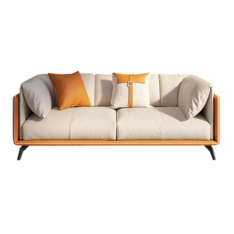 Contemporary Faux Leather Sofa with Tuxedo Arm in Orange and White