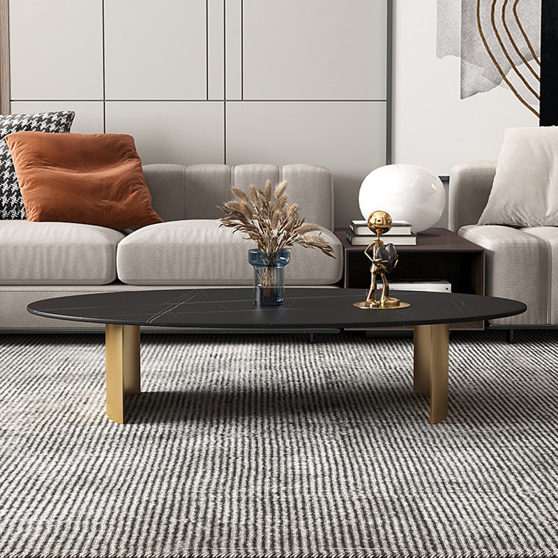 Glam Oval Stone Top Coffee Table with Steel Base Cocktail Table
