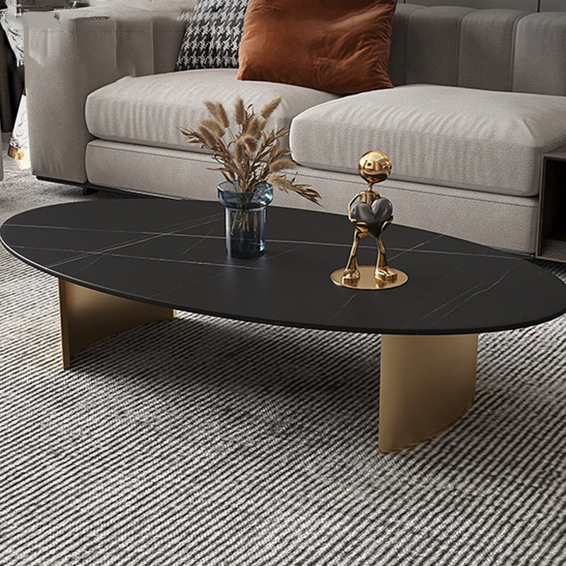 Glam Oval Stone Top Coffee Table with Steel Base Cocktail Table