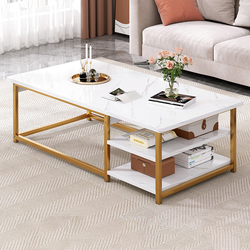 16.53" H Rectangle Wooden Coffee Table Metal Frame Cocktail Table with Shelves